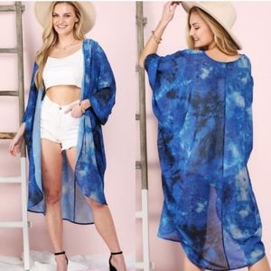 Ninexis Blue Tie Dye Open Kimono Swim Beach Coverup Duster Shawl